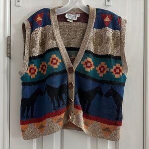 Vintage Southwestern Knit Vest 80s Women’s L Cowgirl Grandmacore Chunky Horses
